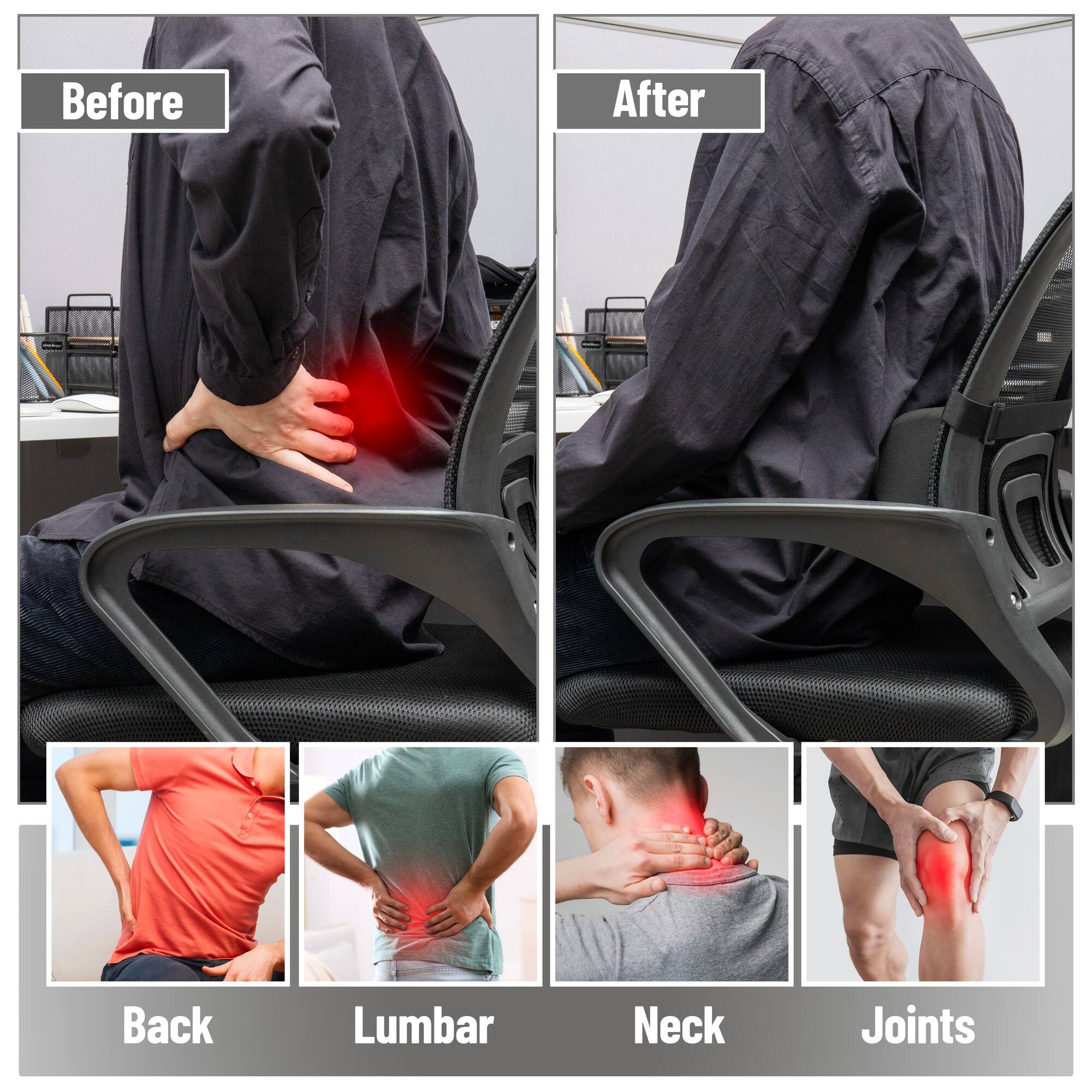 Mind Reader Lumbar Roll Pillow with Air-Cloud Memory Foam, Back, Waist & Hip Support, Breathable Cover & Adjustable Strap, Black